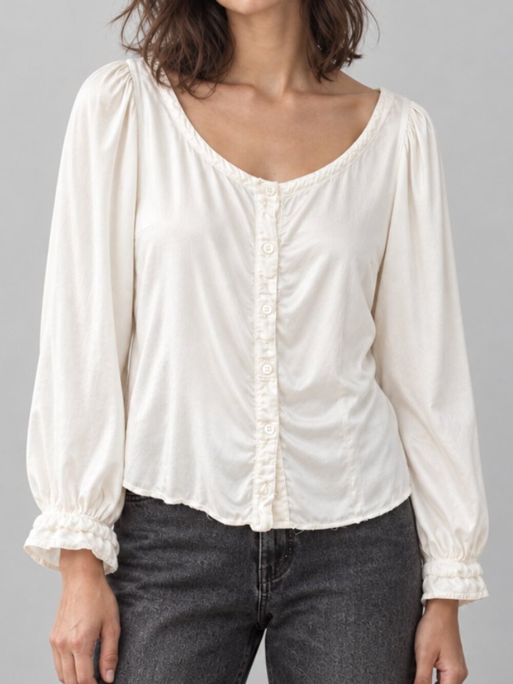 Raquel Allegra Ivory Rayon Satin Button Front Blouse Size 3